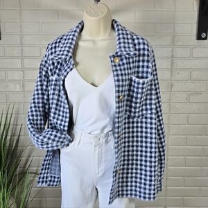 Max Studio Blue and White Checkered Fuzzy Button Up Sweater Jacket Large